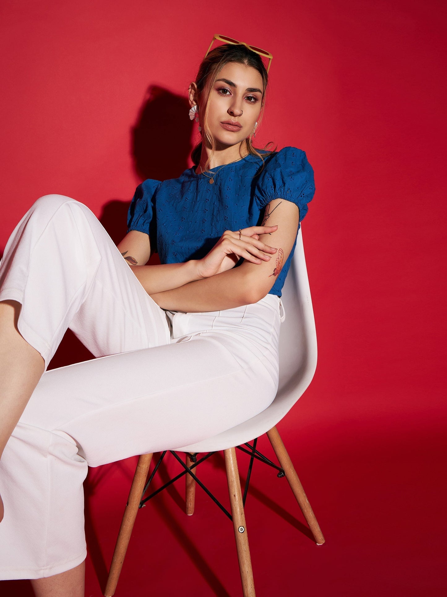 Women's Royal Blue Schiffli Back-Tie Crop Top