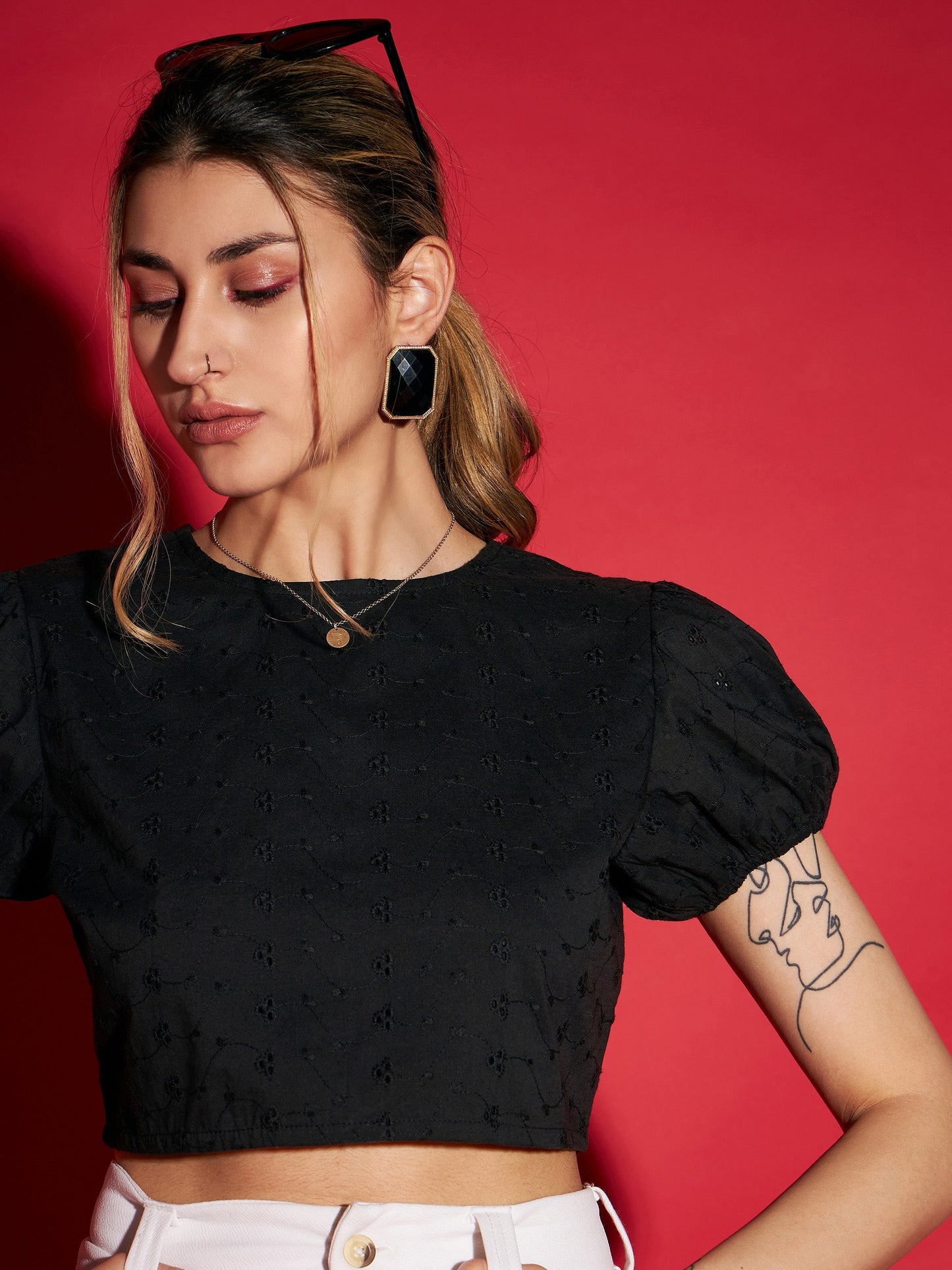 Women's Black Schiffli Back Dori Detail Crop Top