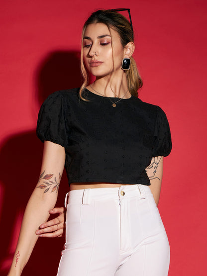 Women's Black Schiffli Back Dori Detail Crop Top