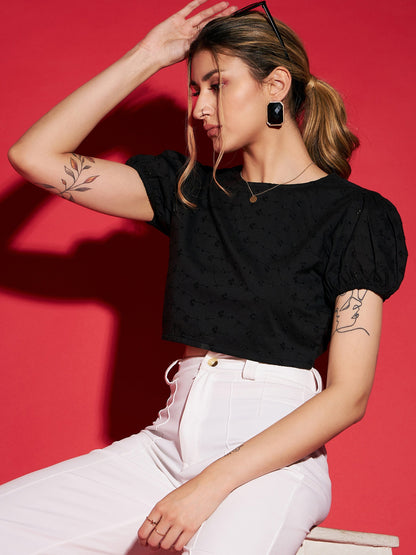 Women's Black Schiffli Back Dori Detail Crop Top