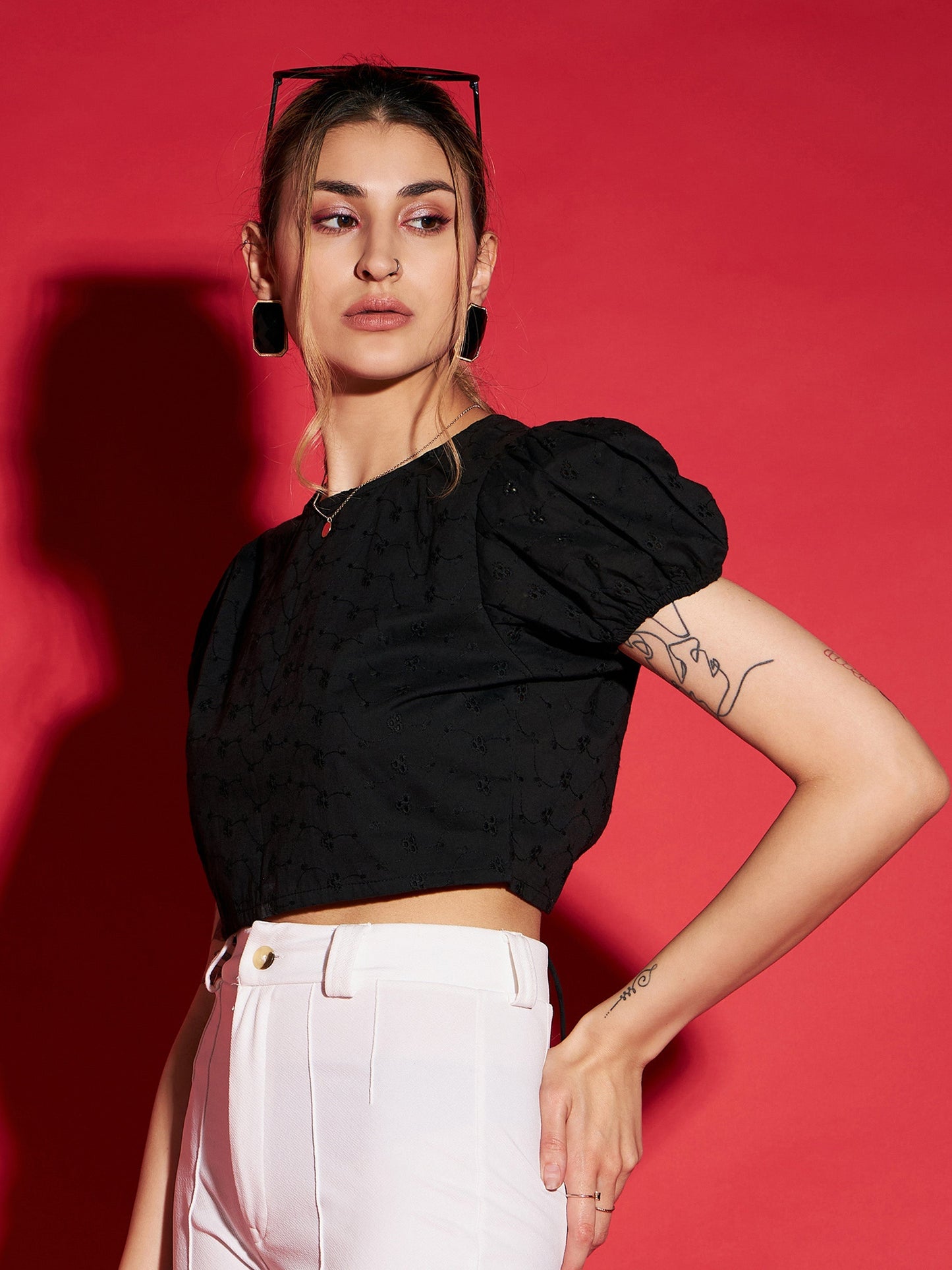 Women's Black Schiffli Back Dori Detail Crop Top