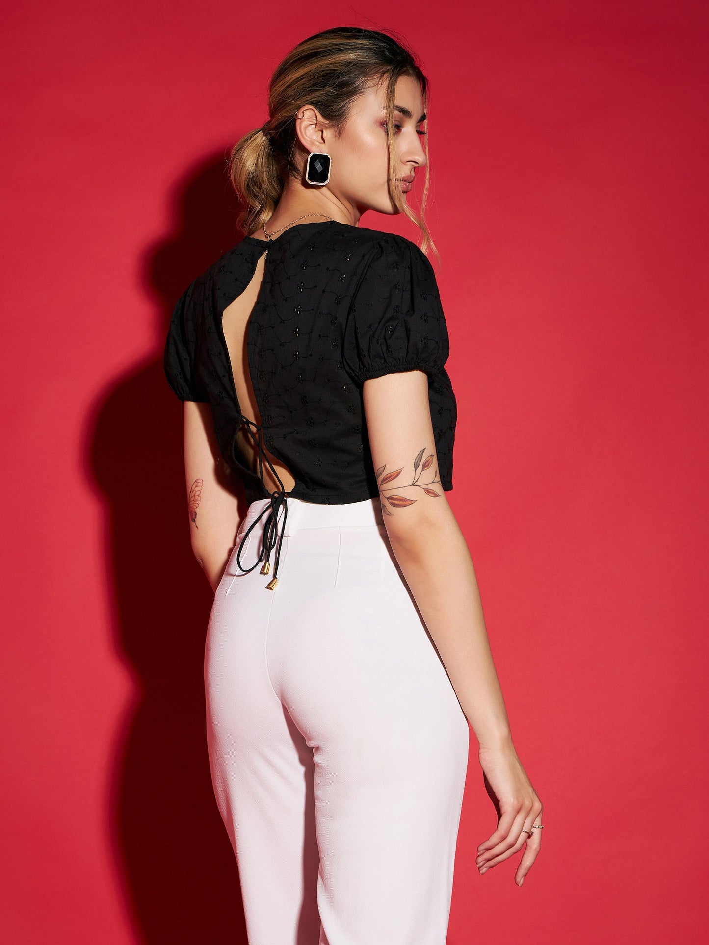 Women's Black Schiffli Back Dori Detail Crop Top