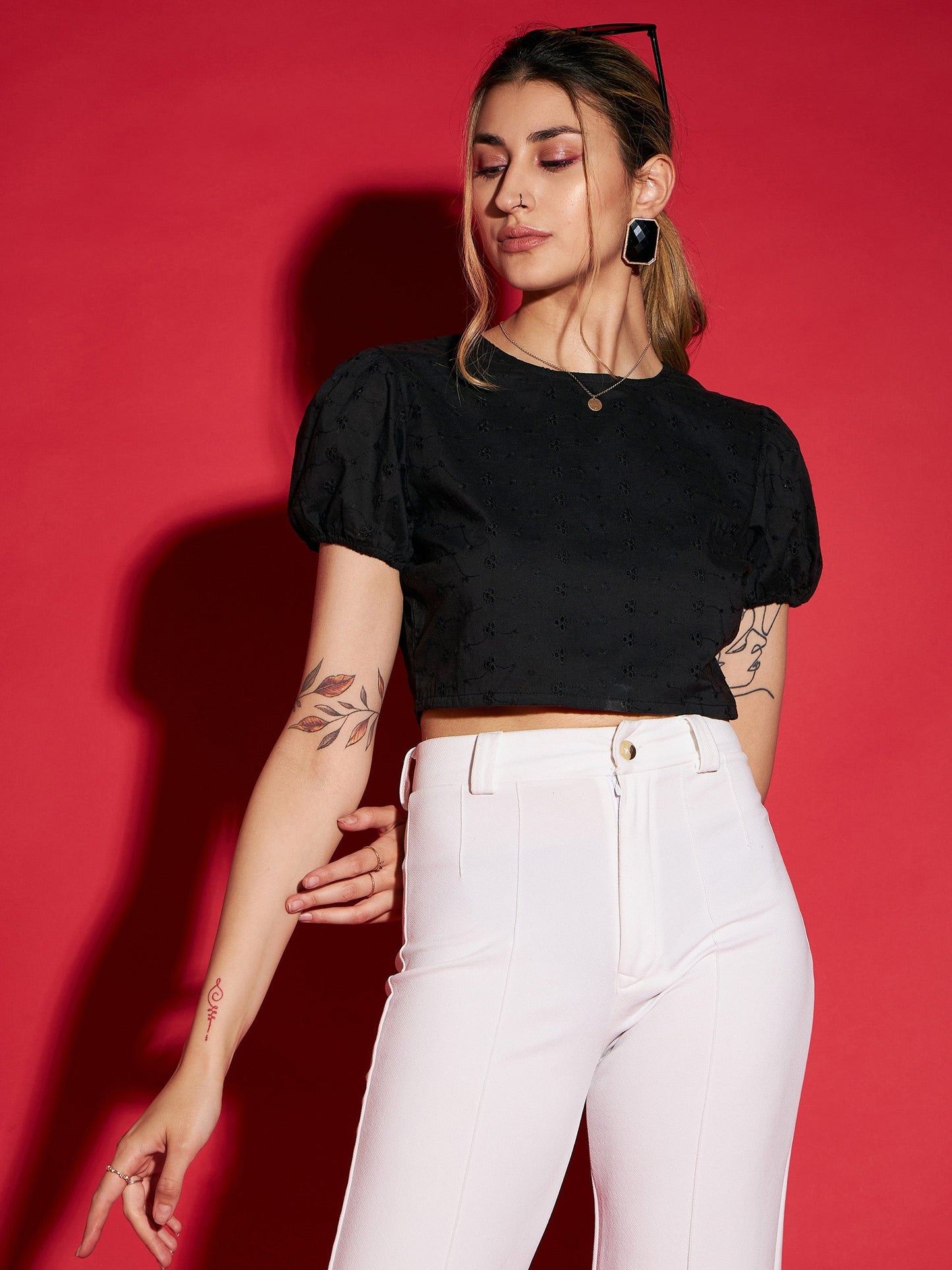 Women's Black Schiffli Back Dori Detail Crop Top