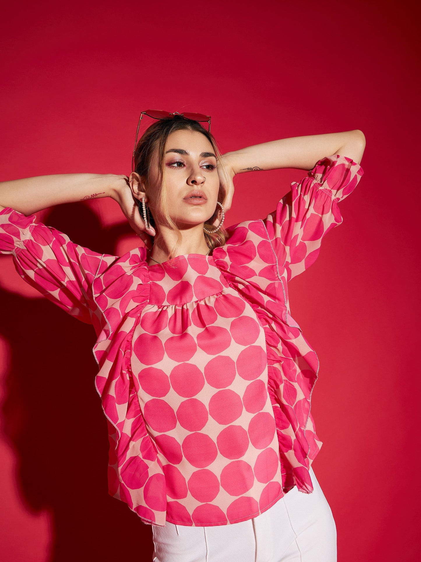 Women's Pink Polka Dot Square Neck Frill Detail Top