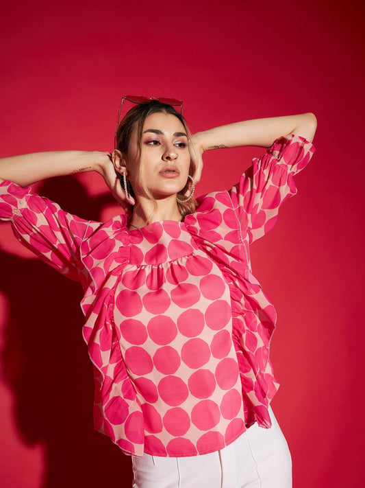 Women's Pink Polka Dot Square Neck Frill Detail Top