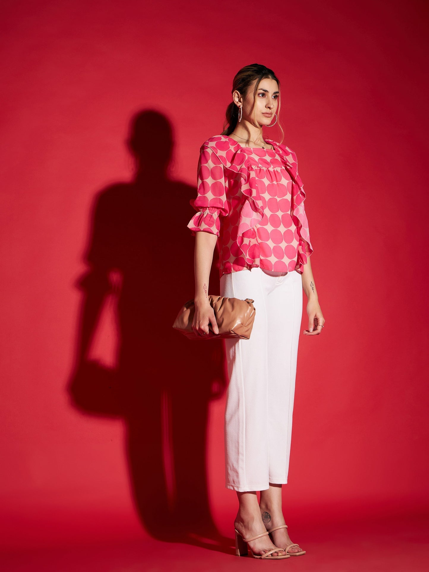 Women's Pink Polka Dot Square Neck Frill Detail Top