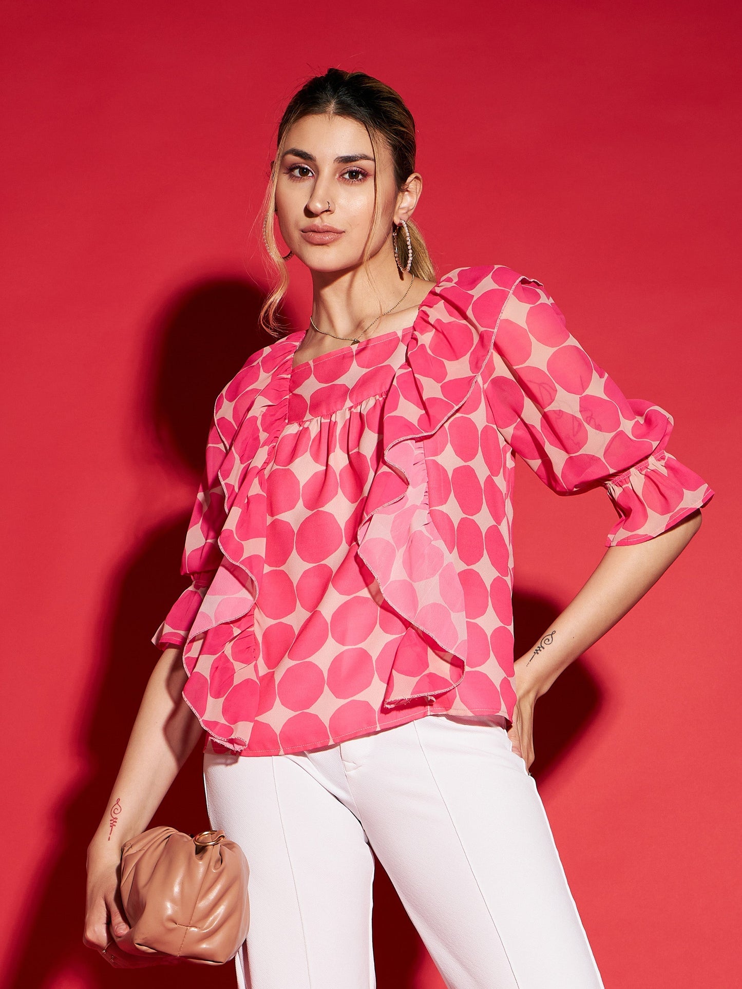 Women's Pink Polka Dot Square Neck Frill Detail Top