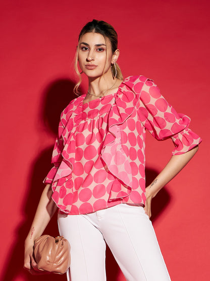 Women's Pink Polka Dot Square Neck Frill Detail Top