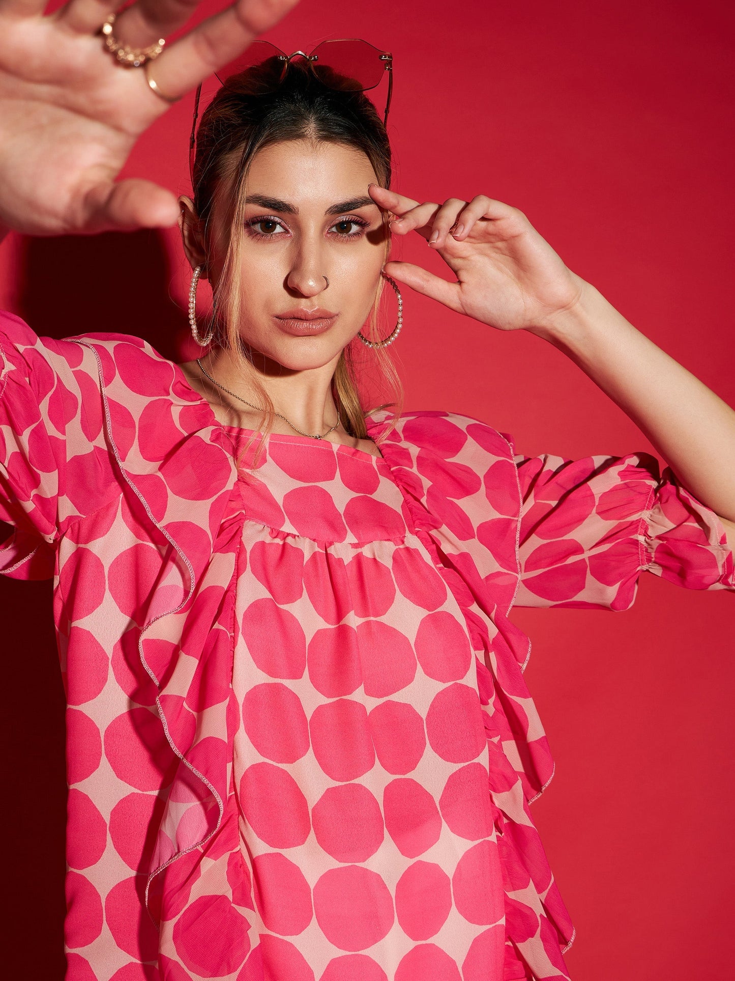 Women's Pink Polka Dot Square Neck Frill Detail Top