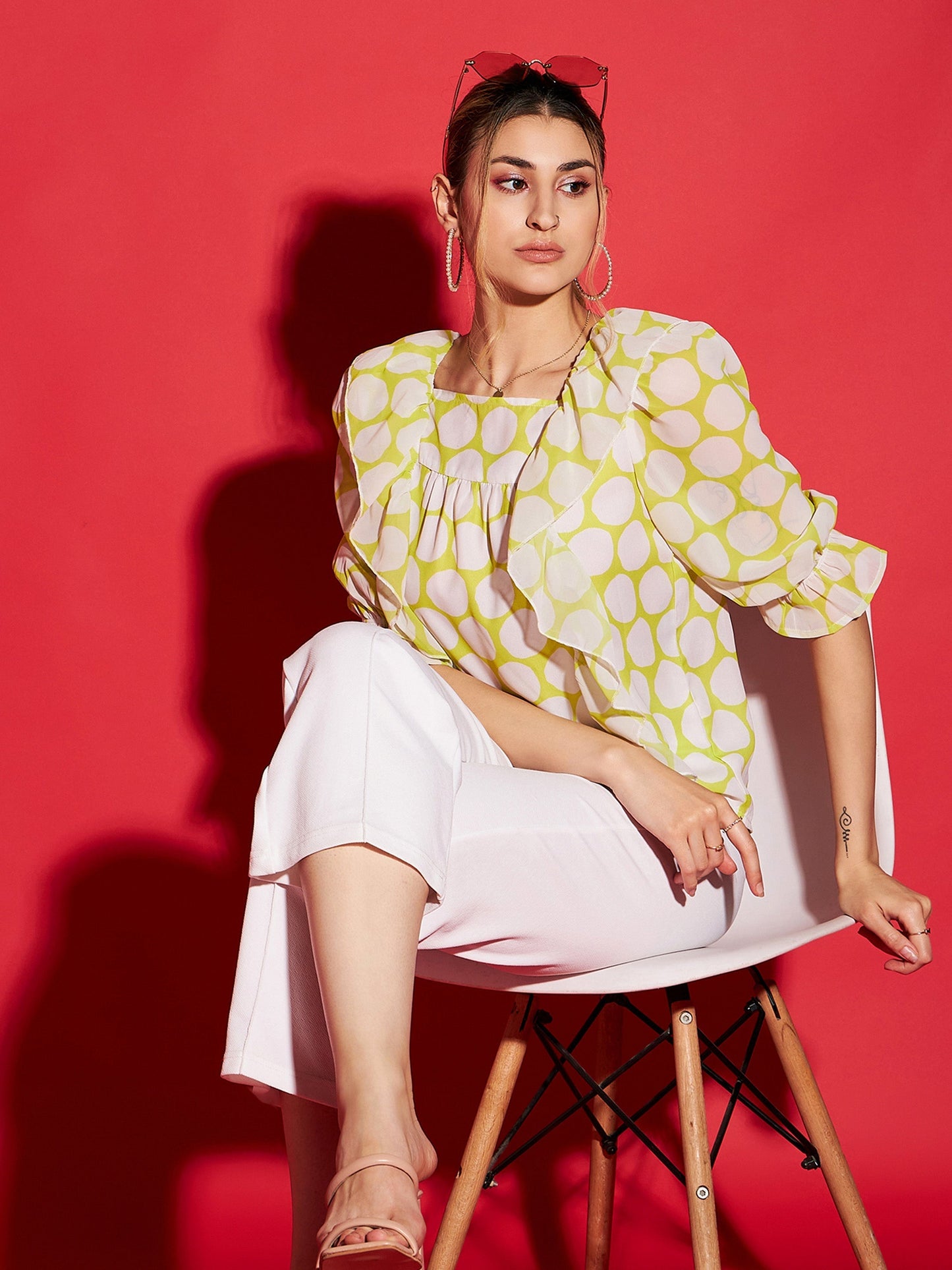 Women's Green Polka Dot Square Neck Frill Detail Top