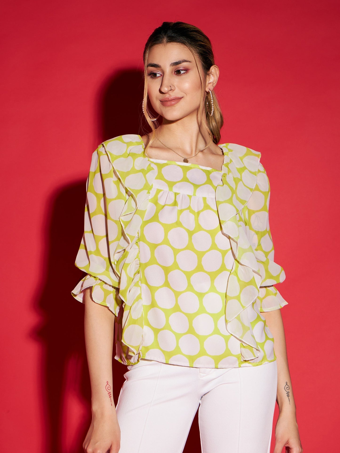 Women's Green Polka Dot Square Neck Frill Detail Top