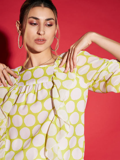 Women's Green Polka Dot Square Neck Frill Detail Top