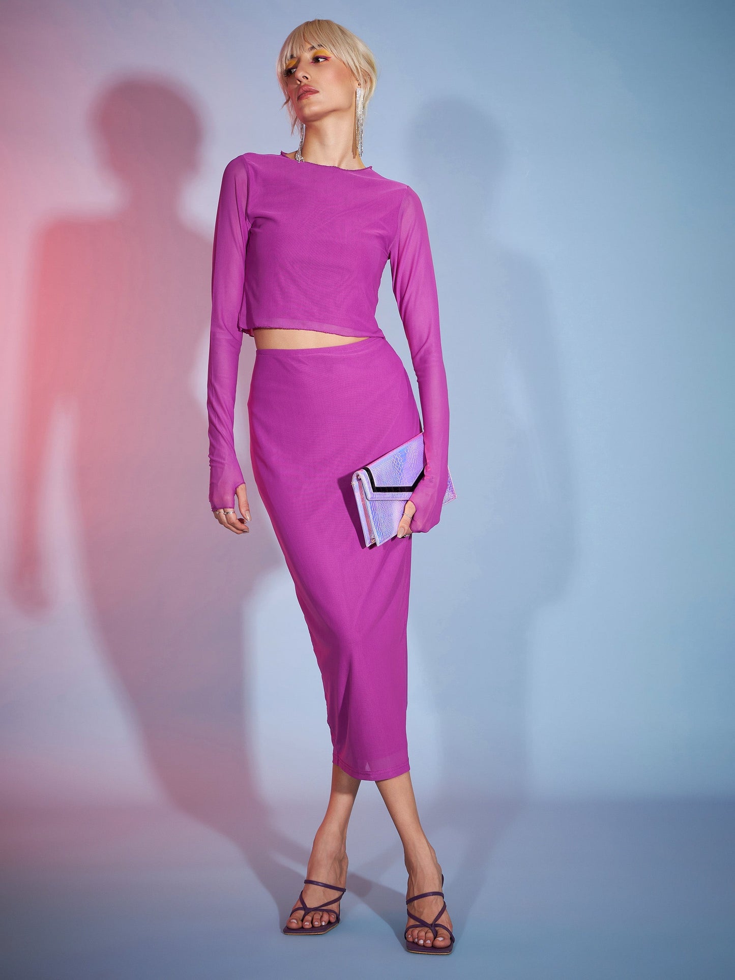 Women's Purple Tulle Full Sleeves Crop Top
