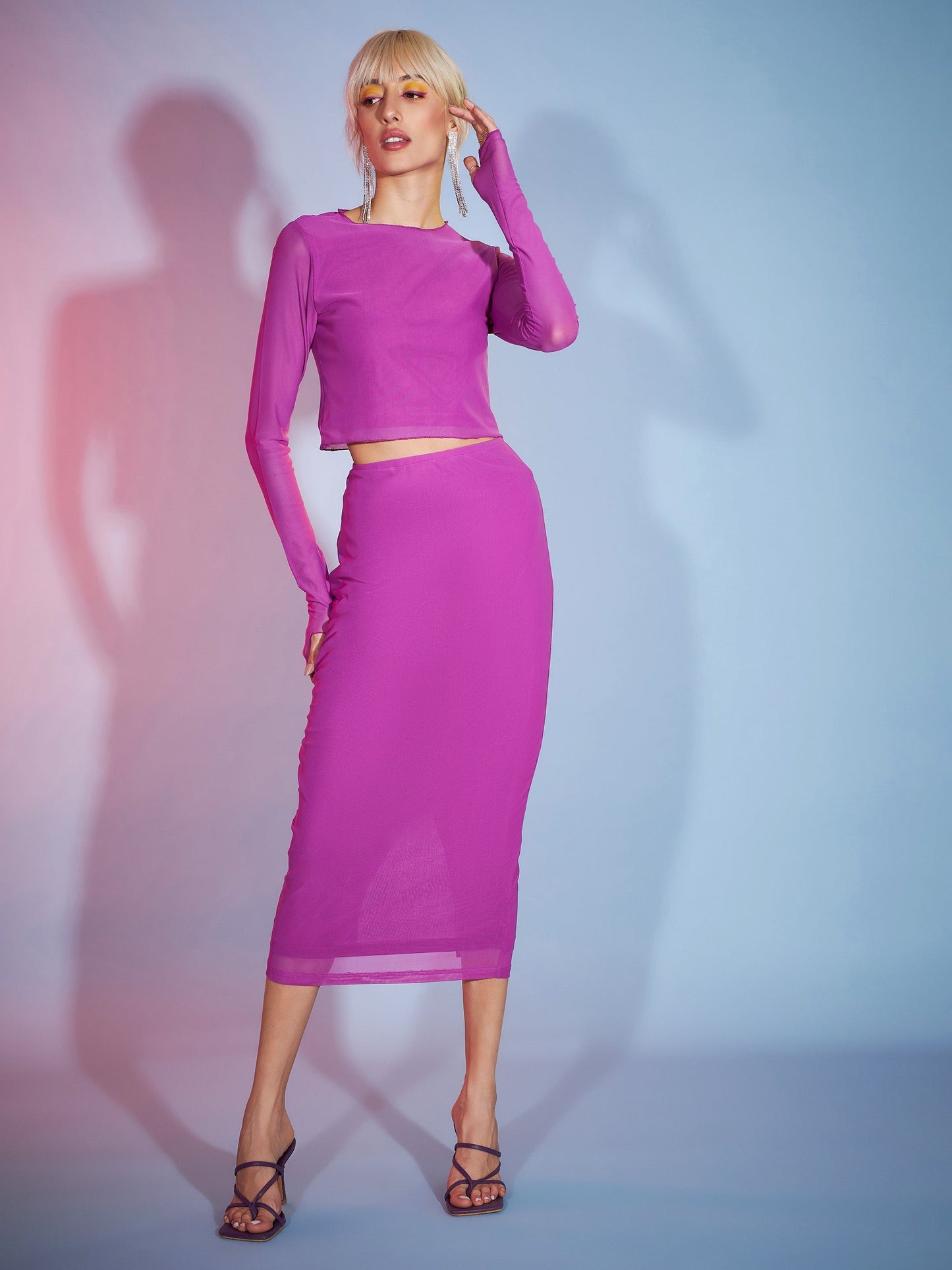 Women's Purple Tulle Full Sleeves Crop Top
