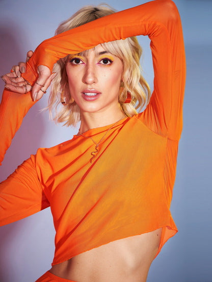 Women's Orange Tulle Full Sleeves Crop Top