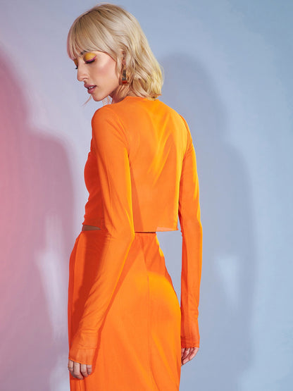 Women's Orange Tulle Full Sleeves Crop Top