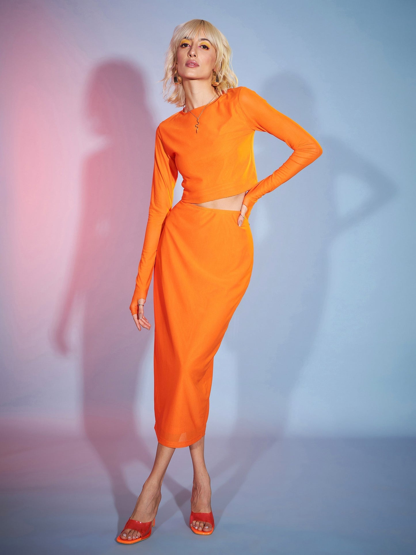 Women's Orange Tulle Full Sleeves Crop Top