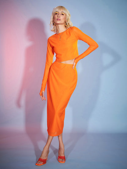 Women's Orange Tulle Full Sleeves Crop Top