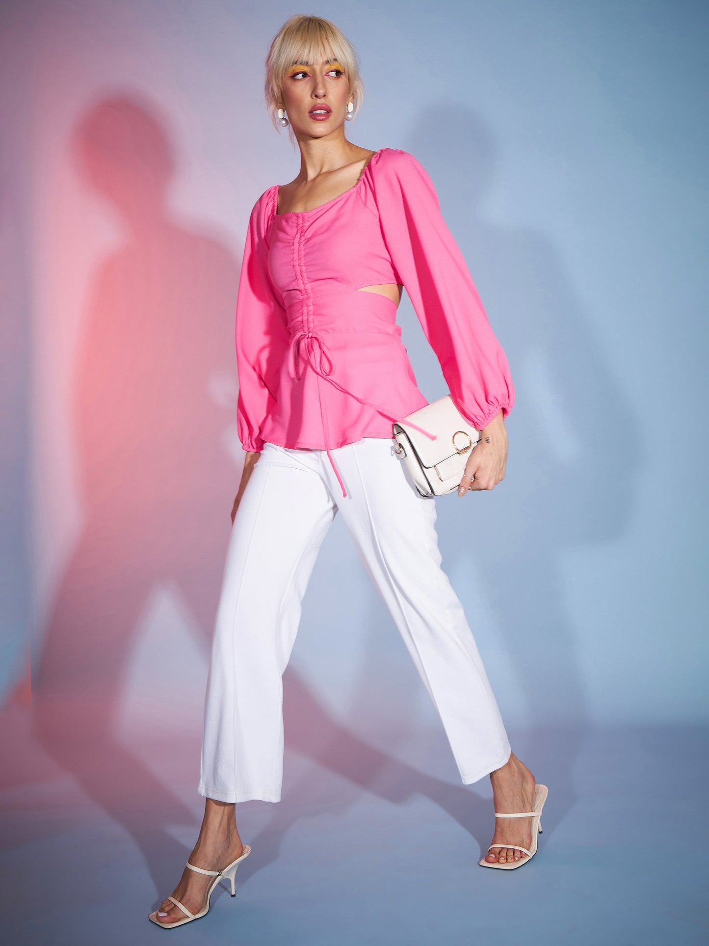 Women's Pink Front Ruched Peplum Top