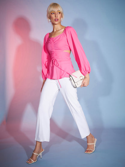 Women's Pink Front Ruched Peplum Top