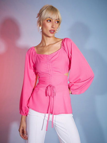 Women's Pink Front Ruched Peplum Top