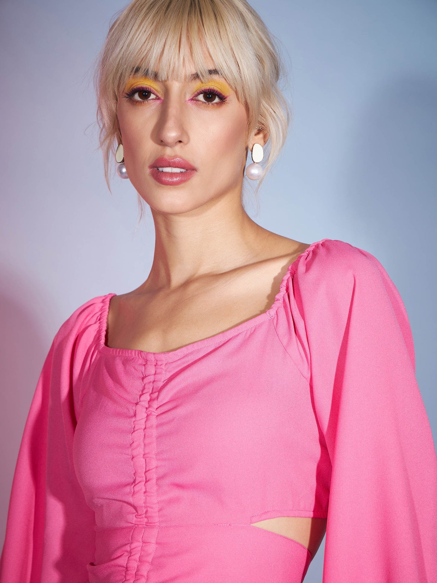 Women's Pink Front Ruched Peplum Top