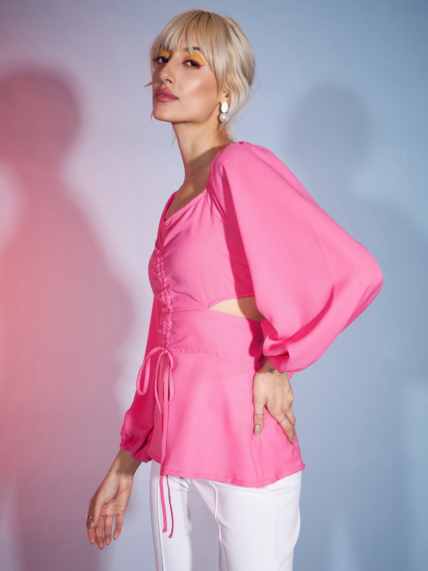Women's Pink Front Ruched Peplum Top