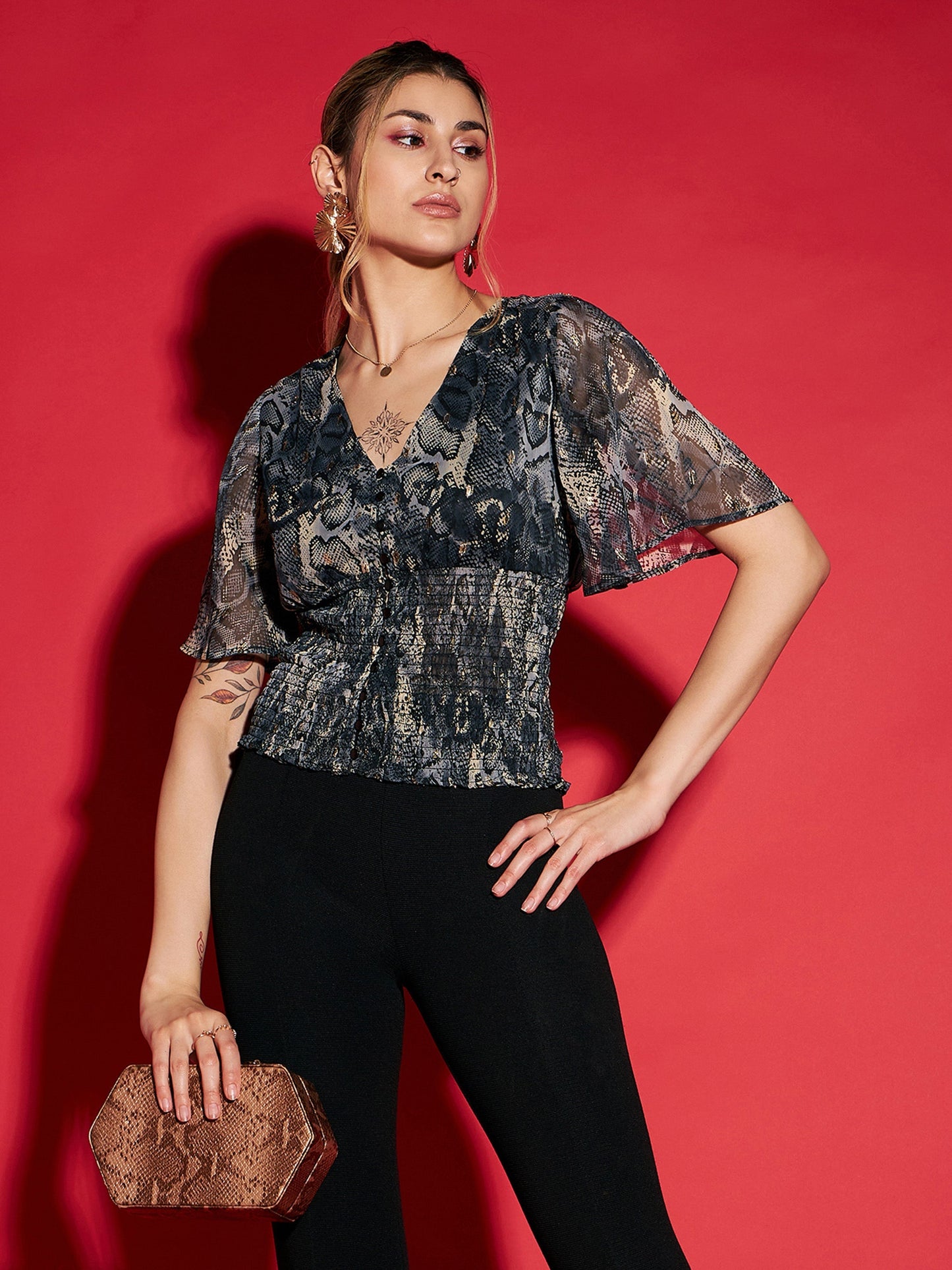 Women's Grey Snake Printed Front Button Smocked Top