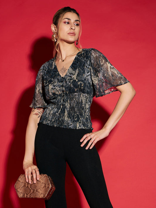Women's Grey Snake Printed Front Button Smocked Top