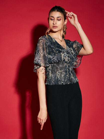 Women's Grey Snake Printed Front Button Smocked Top