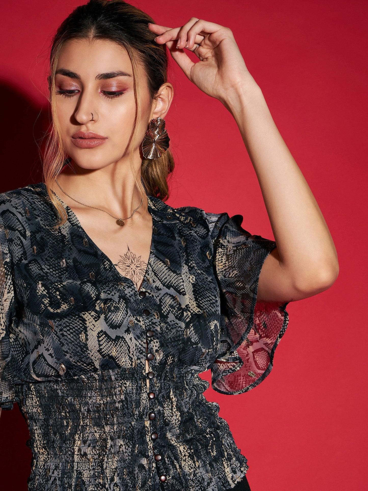 Women's Grey Snake Printed Front Button Smocked Top