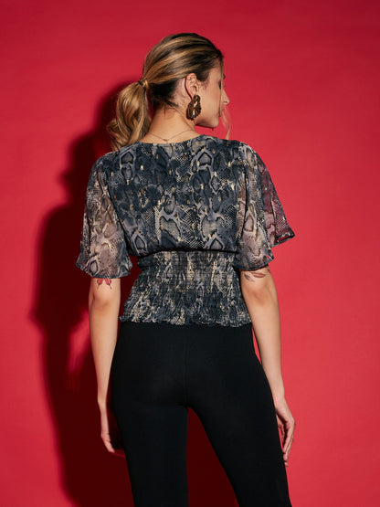 Women's Grey Snake Printed Front Button Smocked Top