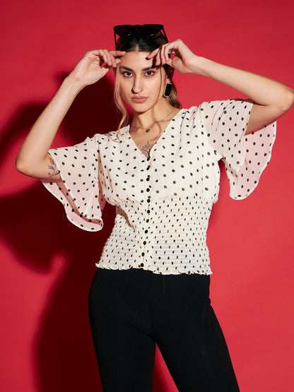 Women's White Polka Dot Printed Front Open Smocked Top