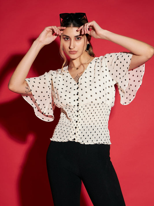 Women's White Polka Dot Printed Front Open Smocked Top