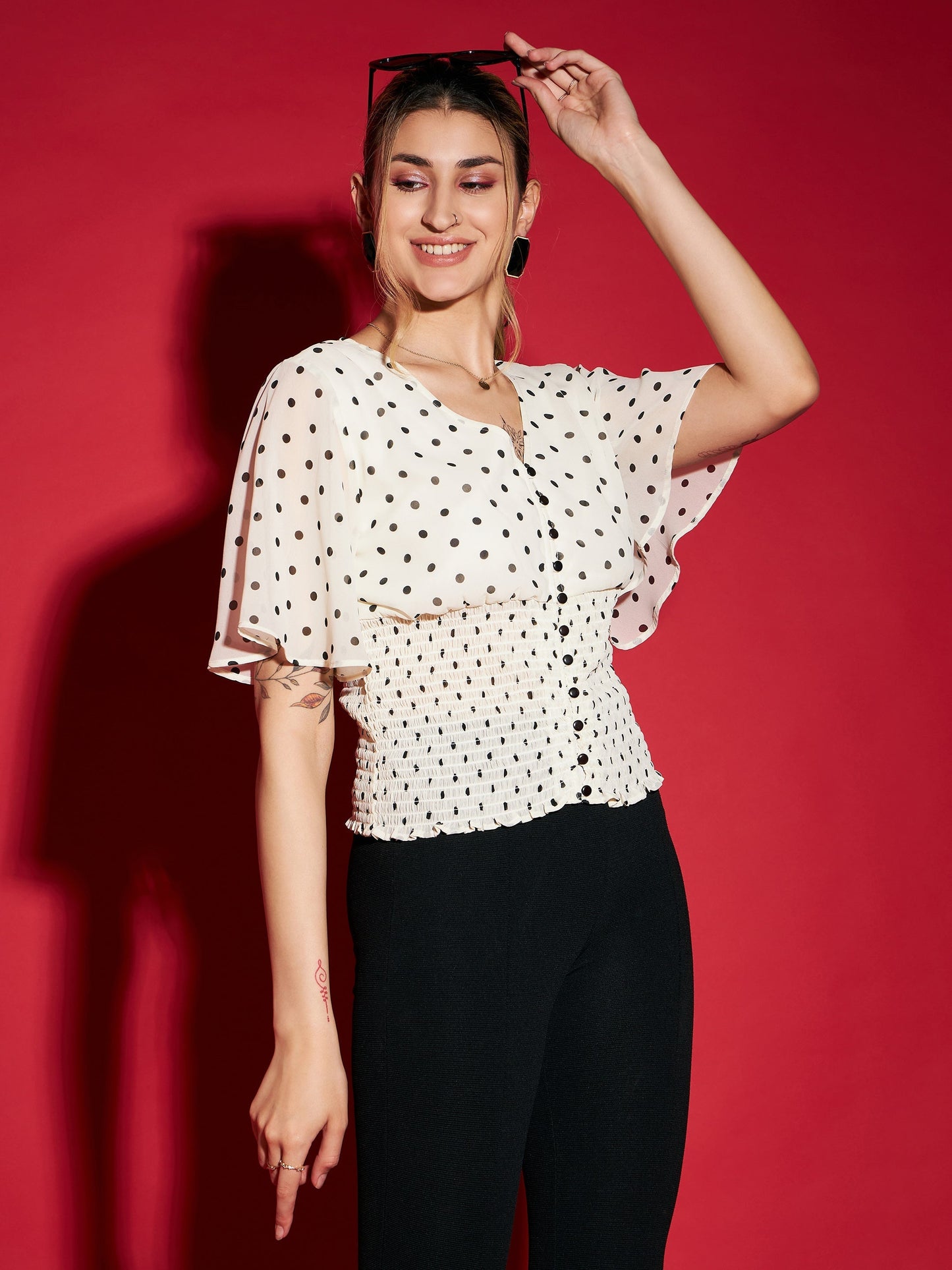 Women's White Polka Dot Printed Front Open Smocked Top