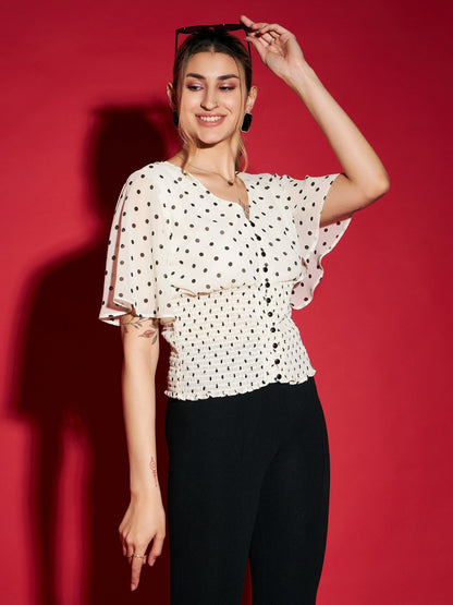 Women's White Polka Dot Printed Front Open Smocked Top
