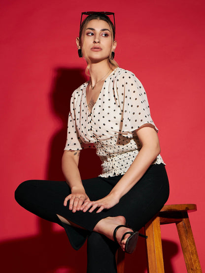 Women's White Polka Dot Printed Front Open Smocked Top