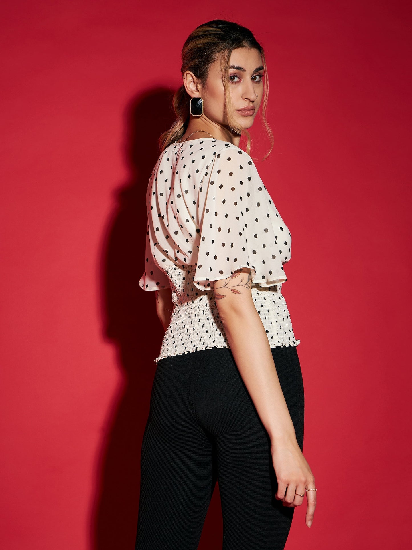Women's White Polka Dot Printed Front Open Smocked Top