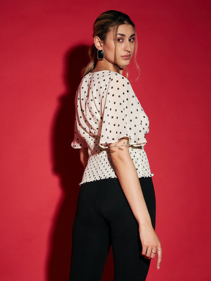 Women's White Polka Dot Printed Front Open Smocked Top