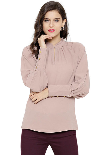 Women's Gathered Neck Raglan Brown Top
