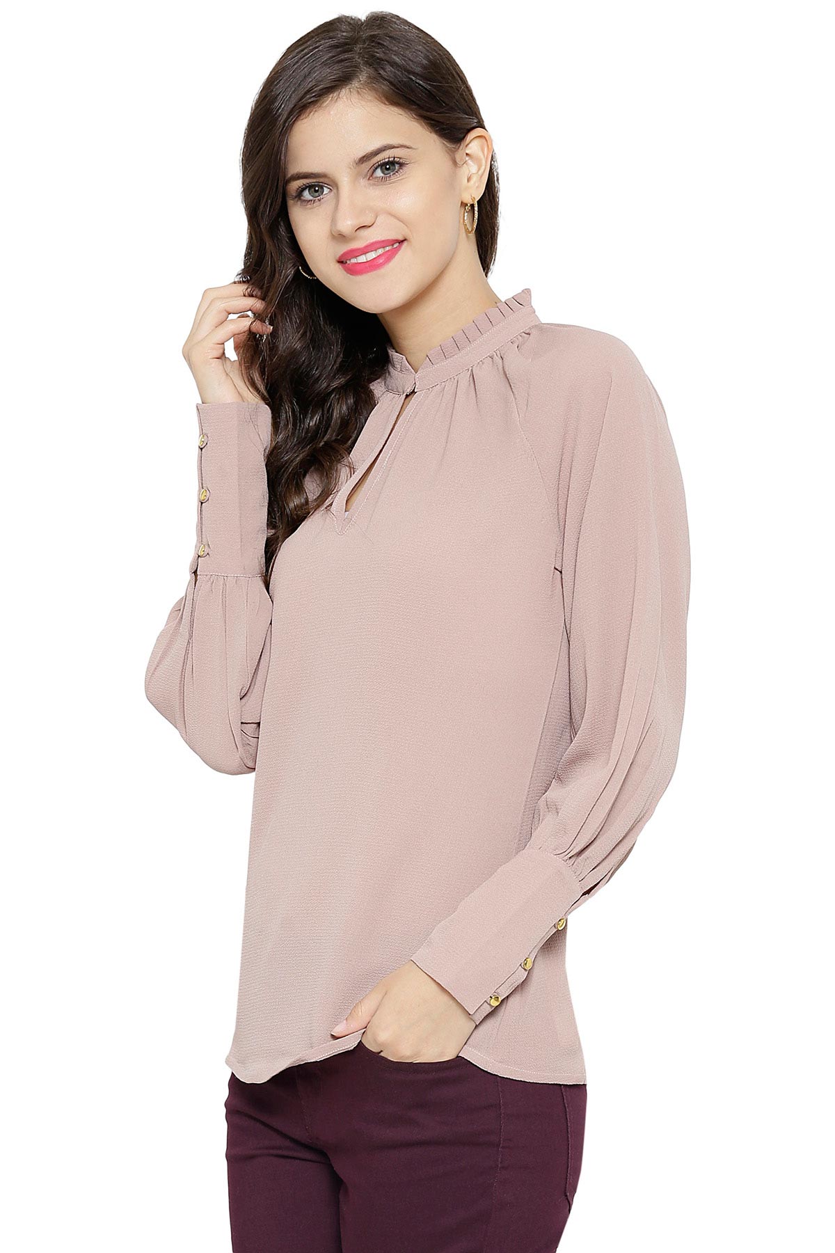 Women's Gathered Neck Raglan Brown Top