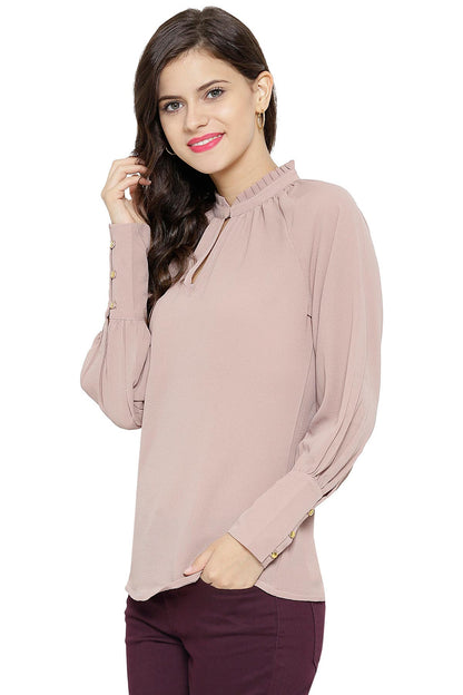 Women's Gathered Neck Raglan Brown Top
