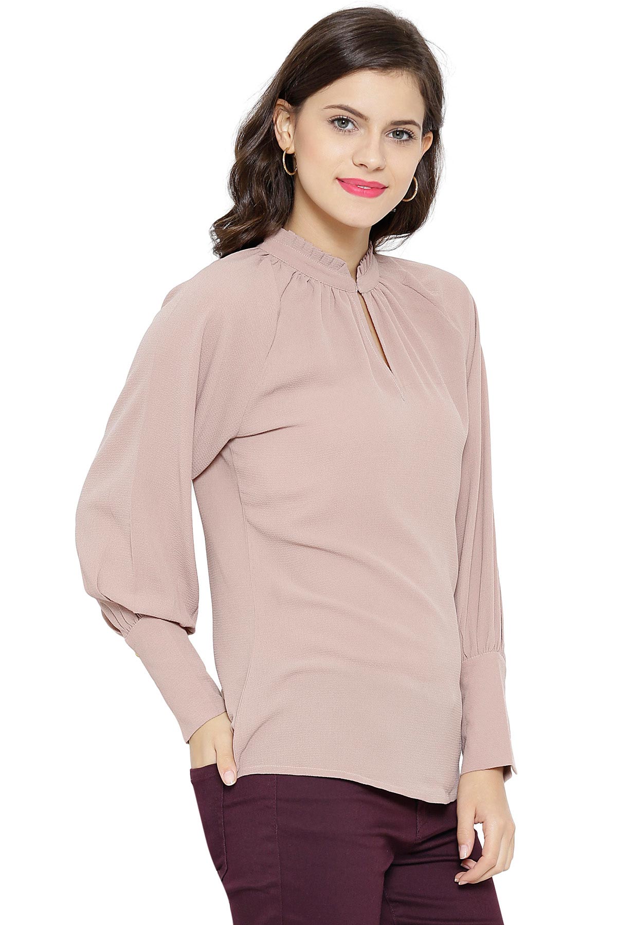 Women's Gathered Neck Raglan Brown Top