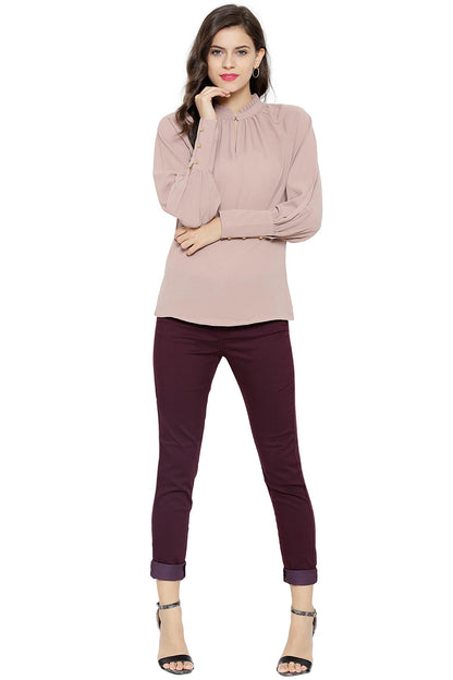 Women's Gathered Neck Raglan Brown Top