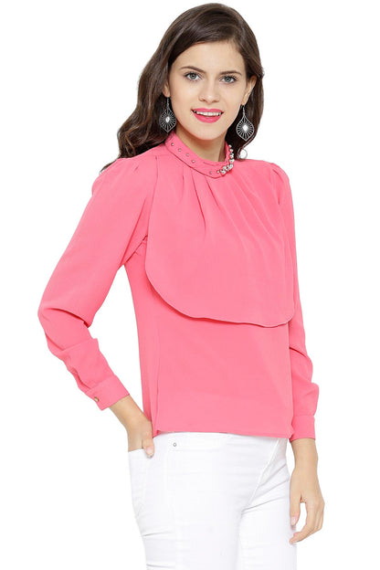 Women's Layered Beaded Neck Pink Top