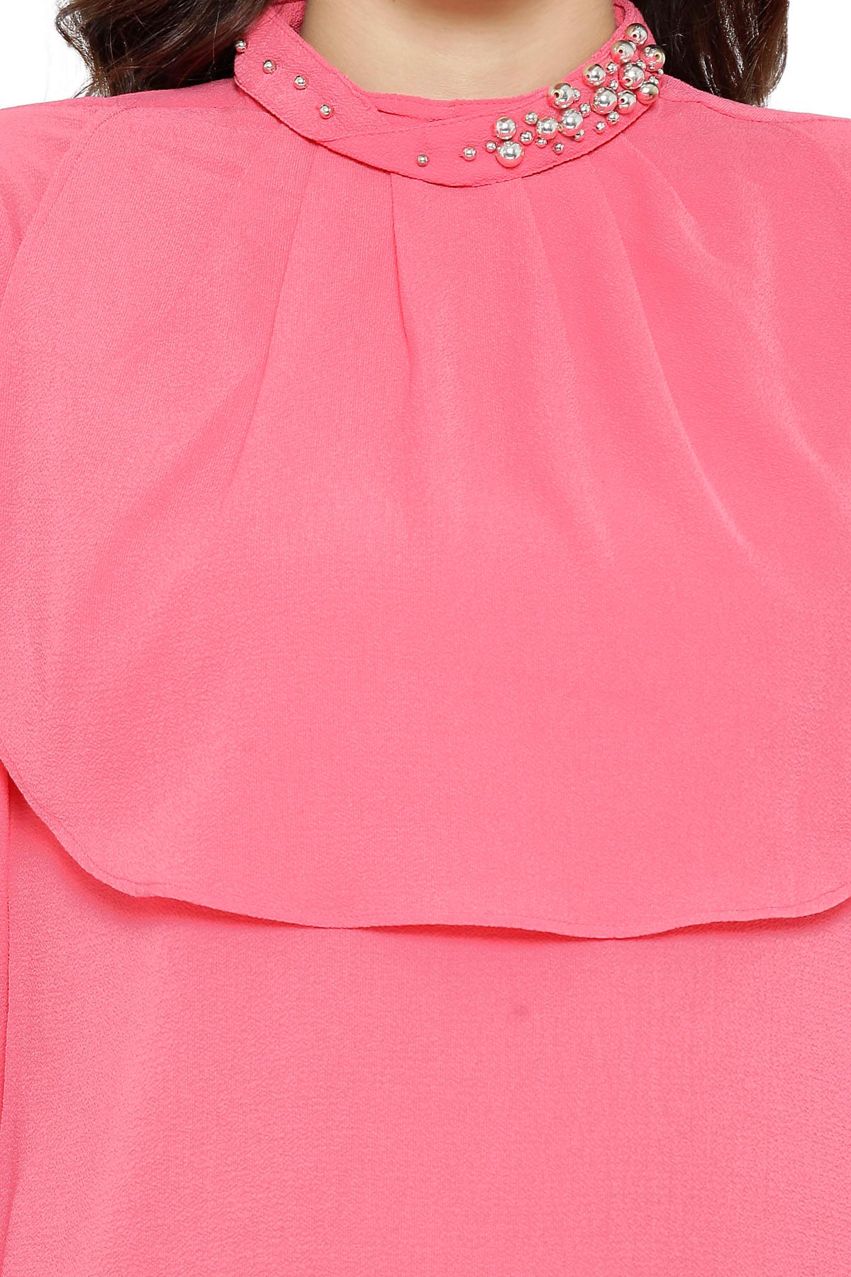 Women's Layered Beaded Neck Pink Top