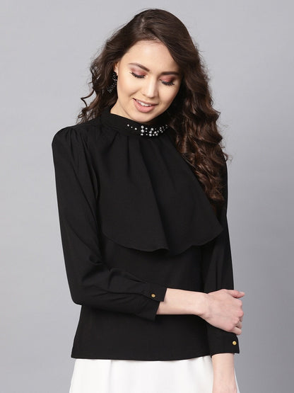 Women's Layered Beaded Neck Black Top