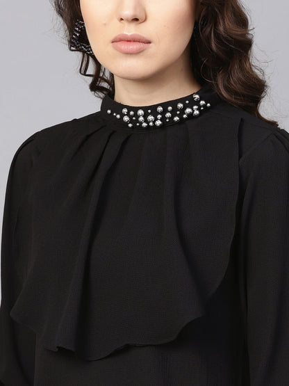Women's Layered Beaded Neck Black Top
