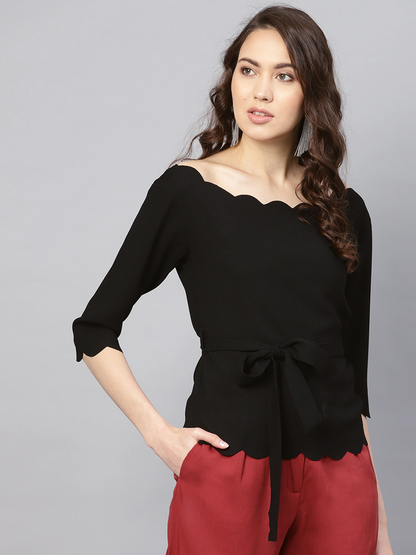 Women's Black Off Shoulder Scalloped Top