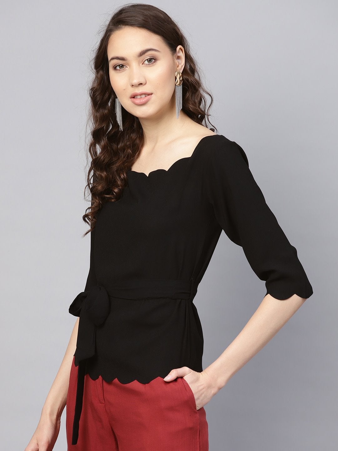 Women's Black Off Shoulder Scalloped Top